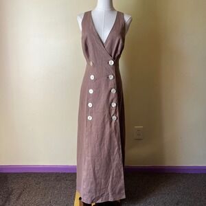 Vintage 100% Linen Sleeveless Wrap Maxi Dress Medium Button Front Cross Back